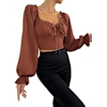 Miniatyrbild 3 av 5: Kvinnors långärmad volang trimmad crop top rynkad volang blus