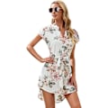 Miniatyrbillede 1 af 5: Kvinde Floral Print Wrap V-hals Ruffle Trim Cap Sleeve Bodycon Kjole