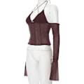 Miniatyrbilde 4 av 4: Kvinners Sexy Mesh Patchwork Langærmet Halter Crop Cami Top Ryggløs Selvbinding