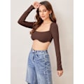 Miniatyrbilde 4 av 5: Søt korsetttopp for kvinner med lange ermer Crop Tops firkantet hals