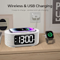 Miniatyrbillede 3 af 7: Stofvækkeur til soveværelse, med stort LED-skærmdisplay, Bluetooth-stereohøjttaler, FM-radio, hurtig trådløs opladning, USB-opladningsport,
