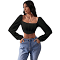 Miniatyrbillede 1 af 5: Kvinde Langærmet Crop Top Tee Firkantet Hals Basic T-shirt