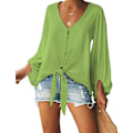 Miniatyrbilde 1 av 5: Kvinners Knappet Ned V-Hals Sløyfe Knute Front Topper 3/4 Erme Chiffon Casual Bluse