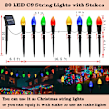 Miniatyrbild 2 av 9: Nyaste solcellsbelysning för julgränder utomhus, 20 LED C9 julgransbelysning med 20 insatser, 23FT solcellsjuldekorationer jordgubbssträng