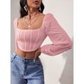 Miniatyrbillede 5 af 5: Kvindernes langærmede afgrøde top tee firkantet hals basic t-shirt
