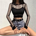 Miniatyrbilde 5 av 5: Kvinnerskjorter Tulle Mesh Langærmet Skjorter Topper Transparent Svart Langærmet
