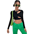 Miniatyrbilde 1 av 5: Kvinners utskårne langarmede rundhalsade Crop Top Slim