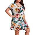 Miniatyrbillede 1 af 4: Plus Size Blomstermønstret Kortærmet V-hals Swing Tunika Kjole til Kvinder
