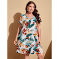 Miniatyrbillede 3 af 4: Plus Size Blomstermønstret Kortærmet V-hals Swing Tunika Kjole til Kvinder