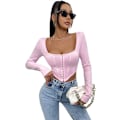 Miniatyrbilde 1 av 5: Kvinners langærmet Crop Top Tee Square Neck Basic T-shirt
