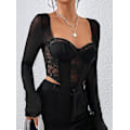 Miniatyrbillede 5 af 5: Kvinde Sweetheart Neck Sheer Mesh Langærmet Bustier