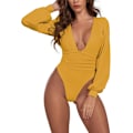 Miniatyrbilde 3 av 5: Kvinners dyp V-hals rynket plissert langarmet topp leotard body