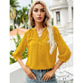 Miniatyrbilde 4 av 5: Kvinners Casual 3/4 Ermet Henley V-Hals Knappet Opp Plissert Bak Bluser Sveitsisk