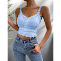 Miniatyrbilde 3 av 5: Kvinners ermeløs blonder V-hals øyelet brodert spaghetti stropp crop cami topp