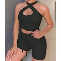 Miniatyrbild 3 av 5: Träningsset för kvinnor 2 delar Ribbad Halter Crop Top och Scrunch Butt Legging