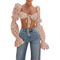 Miniatyrbillede 2 af 5: Kvinde Sexet Selvbinder Foran Rynket Puff Langærmet Crop Top Bluse