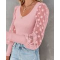 Miniatyrbilde 2 av 5: Kvinners Puffy Mesh Blonder Lang Ermet Topper V Hals Polka Dot Bluse Casual Ribbet