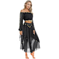 Miniatyrbillede 1 af 3: Kvinde mavedans outfits 2-delt off shoulder udskæring langærmet pailletter beskåret top og chiffon nederdel sæt sort one size sort one size