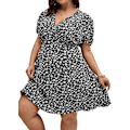 Miniatyrbillede 3 af 3: Damer Plus Size Ditsy Blomstermønster Puff Korte Ærmer V-hals Wrap Flared Short