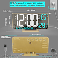 Miniatyrbild 3 av 7: Dubbel väckarklocka 6,7 tum guld bordsur med dimning, 12/24h, sekunder, datum, veckodag, temp, digital LED-klocka för sovrum, digital kalender