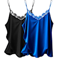 Miniatyrbillede 1 af 5: Kvinders 2 stk. Silke Satin Cami Lace Top Spaghetti Stroptank Top Basic Camisole