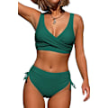 Miniatyrbild 1 av 5: ASKSA Dam Bikini Set Crossover Rygg Baddräkter Badkläder Dragsko Sida Strandkläder Baddräkt, Grön, XL Green XL
