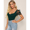 Miniatyrbilde 3 av 4: Kvinners søte hals mesh puff erme slim fit tee topp