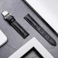 Miniatyrbild 2 av 2: Läderklockarmband Ersättning Alligator Rem För Män Kvinnor Med Silver Fjärils Deployment Spänne Black 22mm