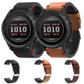 Miniatyrbild 3 av 5: För Garmin Tactix 7 26mm Läder Sömnad Stål Spänne Klockarmband JJT Black