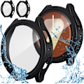 Miniatyrbillede 1 af 5: 2-pak til Galaxy Watch 7 44mm vandtæt etui, 9H hærdet glas skærmbeskytter, fuld dækning PC mat beskyttelsescover bumper - Sort+Sort Sort