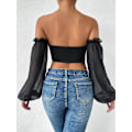 Miniatyrbilde 2 av 5: Kvinners langærmet Crop Top Tee Square Neck Basic T-skjorte