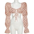 Miniatyrbillede 4 af 5: Kvinde Sexet Selvbinder Foran Rynket Puff Langærmet Crop Top Bluse