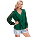 Miniatyrbillede 3 af 4: Guipure Blonde Ruffle Trim Langærmet Bluse V-hals Solid Top Skjorte til Kvinder