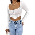 Miniatyrbillede 1 af 5: Kvinde Langærmet Crop Top Tee Firkantet Hals Basic T-shirt