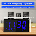 Miniatyrbilde 2 av 6: Skrivebords digital alarmklokke for soverom, blå 6\" LED-skjerm, med USB-port for lading, 000 % lysstyrke dimmer, temperatur, slumre, justerbar