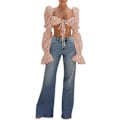 Miniatyrbillede 3 af 5: Kvinde Sexet Selvbinder Foran Rynket Puff Langærmet Crop Top Bluse