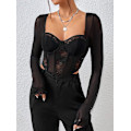 Miniatyrbillede 4 af 5: Kvinde Sweetheart Neck Sheer Mesh Langærmet Bustier