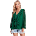 Miniatyrbillede 1 af 4: Guipure Blonde Ruffle Trim Langærmet Bluse V-hals Solid Top Skjorte til Kvinder