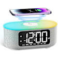 Miniatyrbillede 1 af 7: Stofvækkeur til soveværelse, med stort LED-skærmdisplay, Bluetooth-stereohøjttaler, FM-radio, hurtig trådløs opladning, USB-opladningsport,