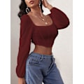 Miniatyrbillede 3 af 5: Kvinde Rib Strik Crop Top Langærmet Firkantet Hals Puff Korset Bluse