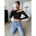Miniatyrbilde 3 av 5: Kvinners utskårne langarmede rundhalsade Crop Top Slim