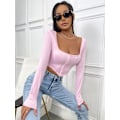 Miniatyrbilde 3 av 5: Kvinners langærmet Crop Top Tee Square Neck Basic T-shirt