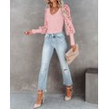 Miniatyrbilde 5 av 5: Kvinners Puffy Mesh Blonder Lang Ermet Topper V Hals Polka Dot Bluse Casual Ribbet