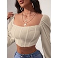 Miniatyrbilde 4 av 5: Kvinners langærmet Crop Top Tee Square Neck Basic T-shirt