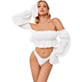 Miniatyrbillede 1 af 4: Kvinde Off Shoulder Puff Langærmet Crop Top Ruffle Ruched Frill Seksuel Bluse