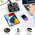 Miniatyrbilde 6 av 7: Alarmklokke med 2 USB-C, 2 USB-A ladere, stikkontakt med 2 uttak - LED-skjerm, dimbar digital klokke med slumrefunksjon - Dobbel alarm for svart