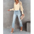 Miniatyrbillede 5 af 5: Kvinders Puffy Mesh Lace Langærmet Toppe V-hals Polka Dot Bluse Casual Ribbet