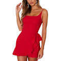 Miniatyrbillede 2 af 5: Kvinders Casual Ruffle Hem Solid Wrap Kjole Spaghetti Stropper Foran Slips Knude Kort