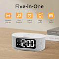 Miniatyrbillede 2 af 7: Stofvækkeur til soveværelse, med stort LED-skærmdisplay, Bluetooth-stereohøjttaler, FM-radio, hurtig trådløs opladning, USB-opladningsport,