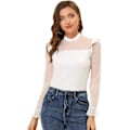 Miniatyrbillede 1 af 4: Mock Neck Sheer Langærmet Bluse til Kvinder med Ruffle Polka Dots Mesh Panel Top